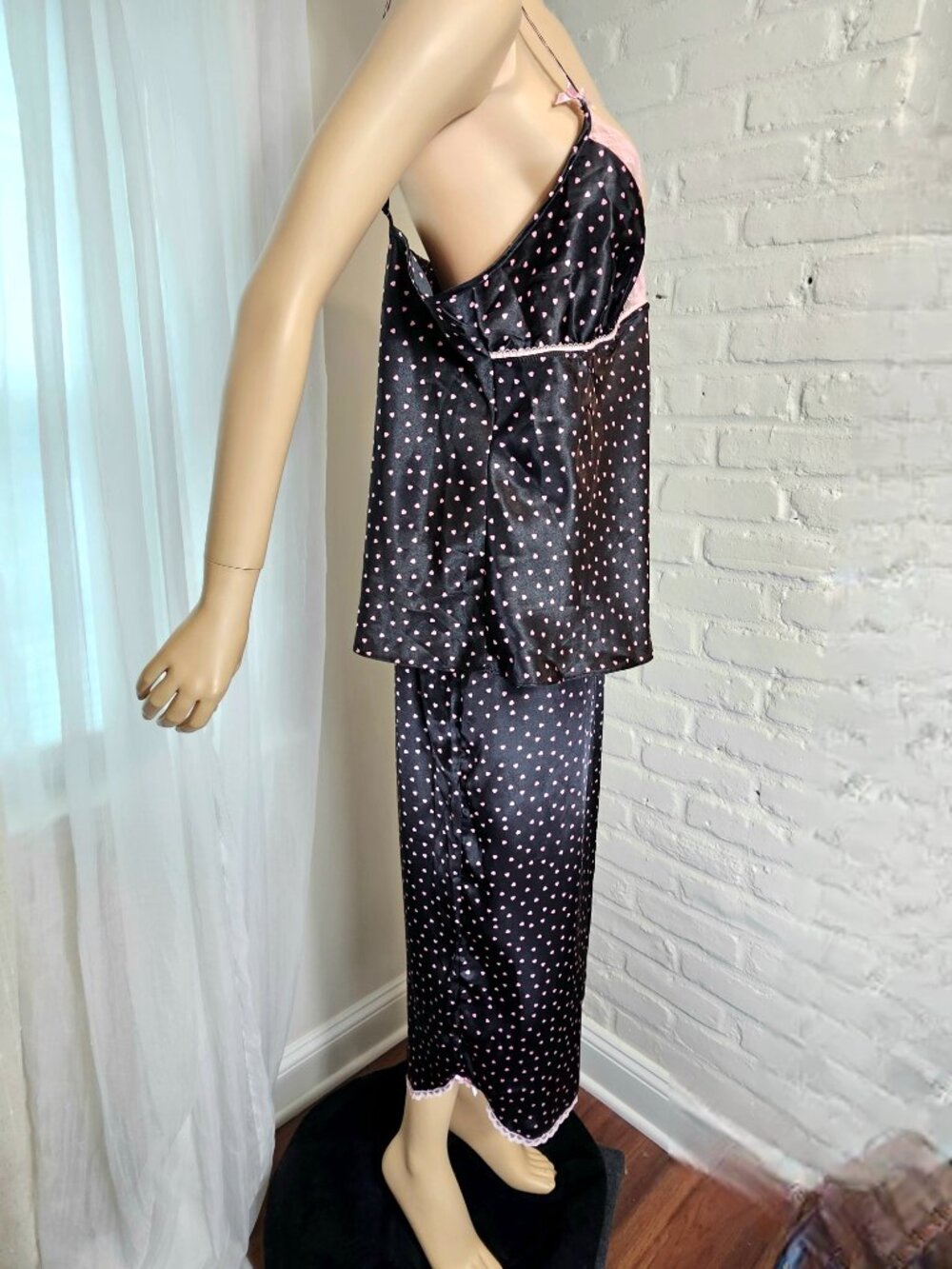 Gilligan & O'Malley Satin Cami Pajama Set NWT Size XL Black Pink Heart Print - Picture 2 of 8